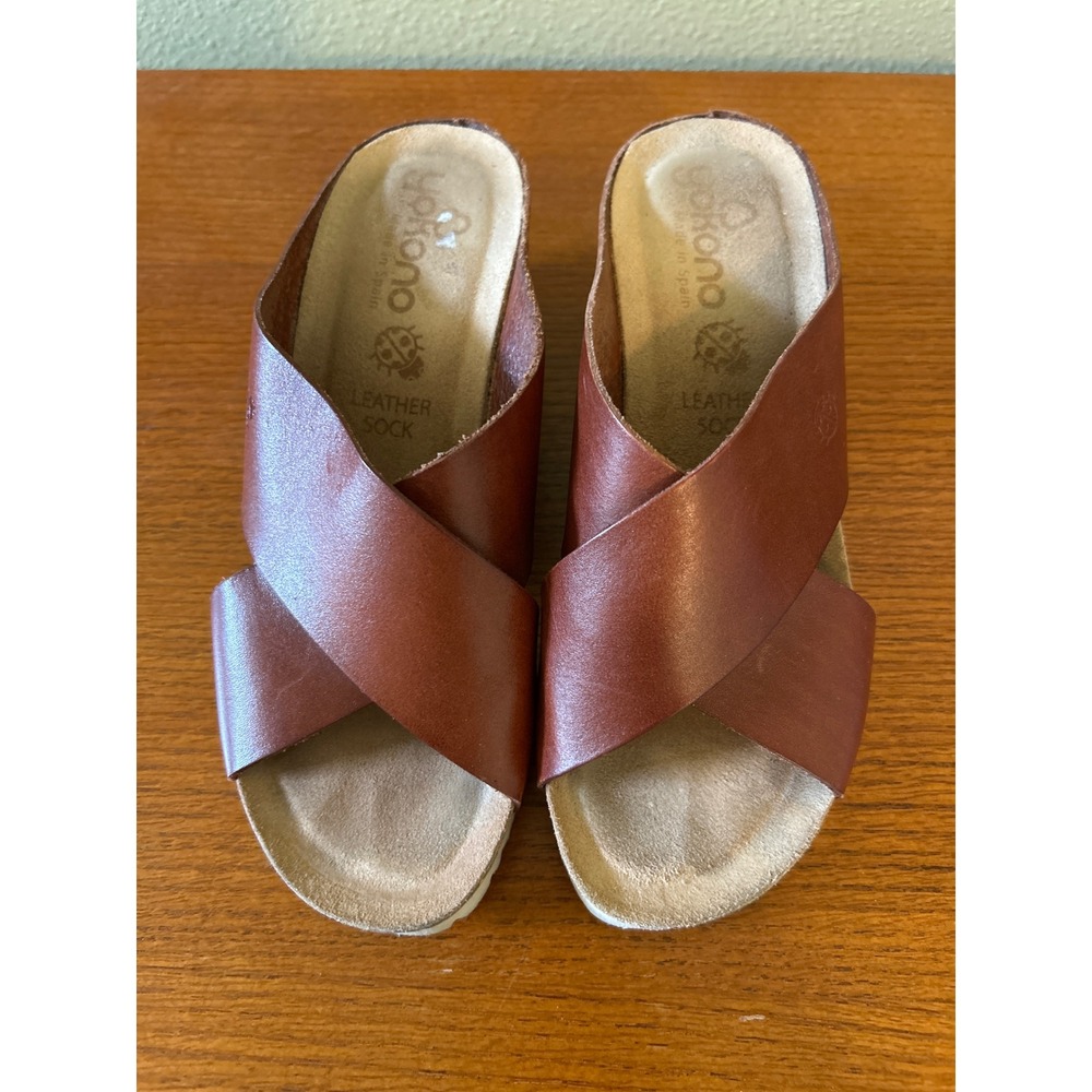 Yokono Womens Brown Leather Cross Strap Platform Wedge Slide Sandals Spain 7.5
